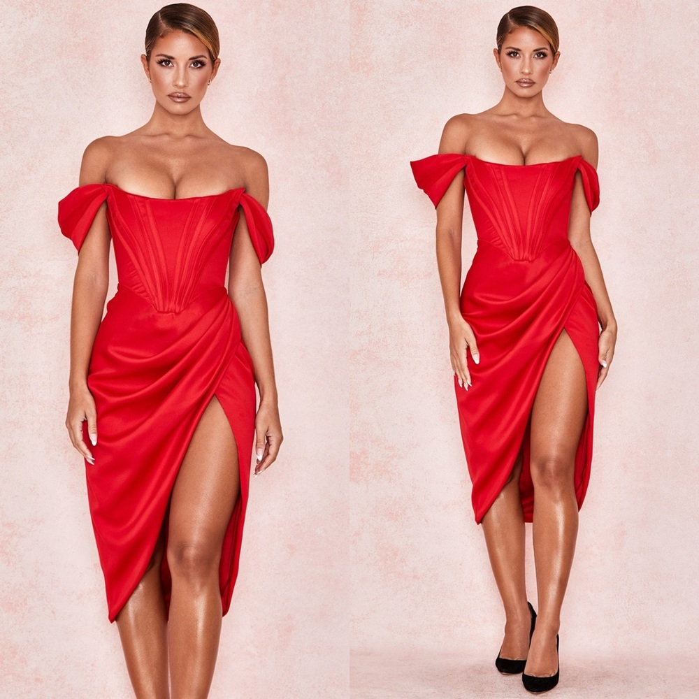 House of CB Red Off-Shoulder Midi Dress with Thigh Slit